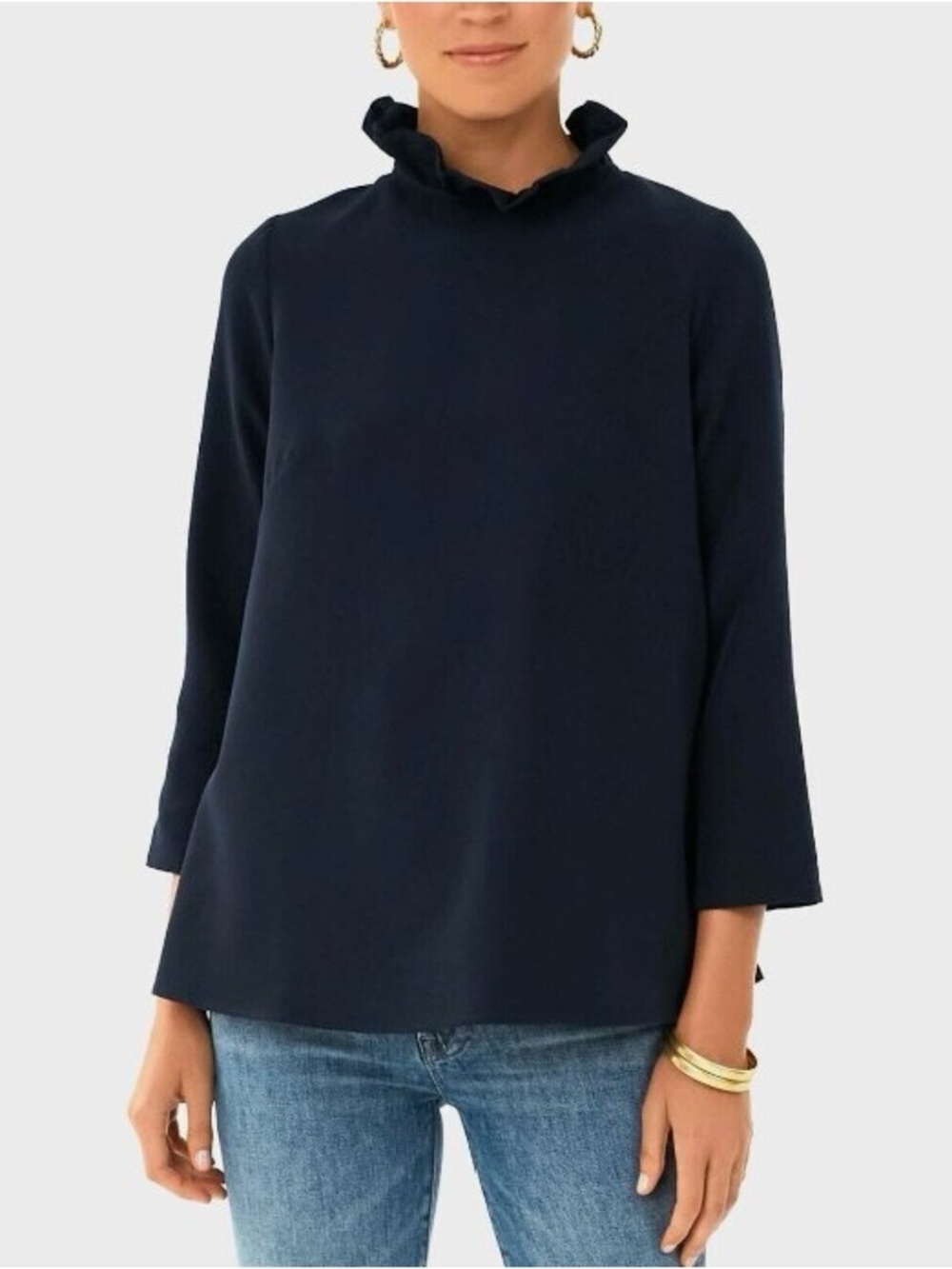 Tuckernuck Navy Ruffle Neck Bow Back Blouse Top NWT Size XXL Elegant Chic - Picture 2 of 13